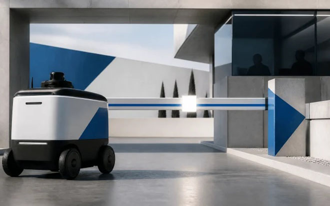 Một robot giao hàng tự hành đang dừng lại trước rào chắn màu xanh trắng làm từ bê tông và kính theo phong cách kiến trúc hiện đại Israel. (Ảnh: Times of Israel)